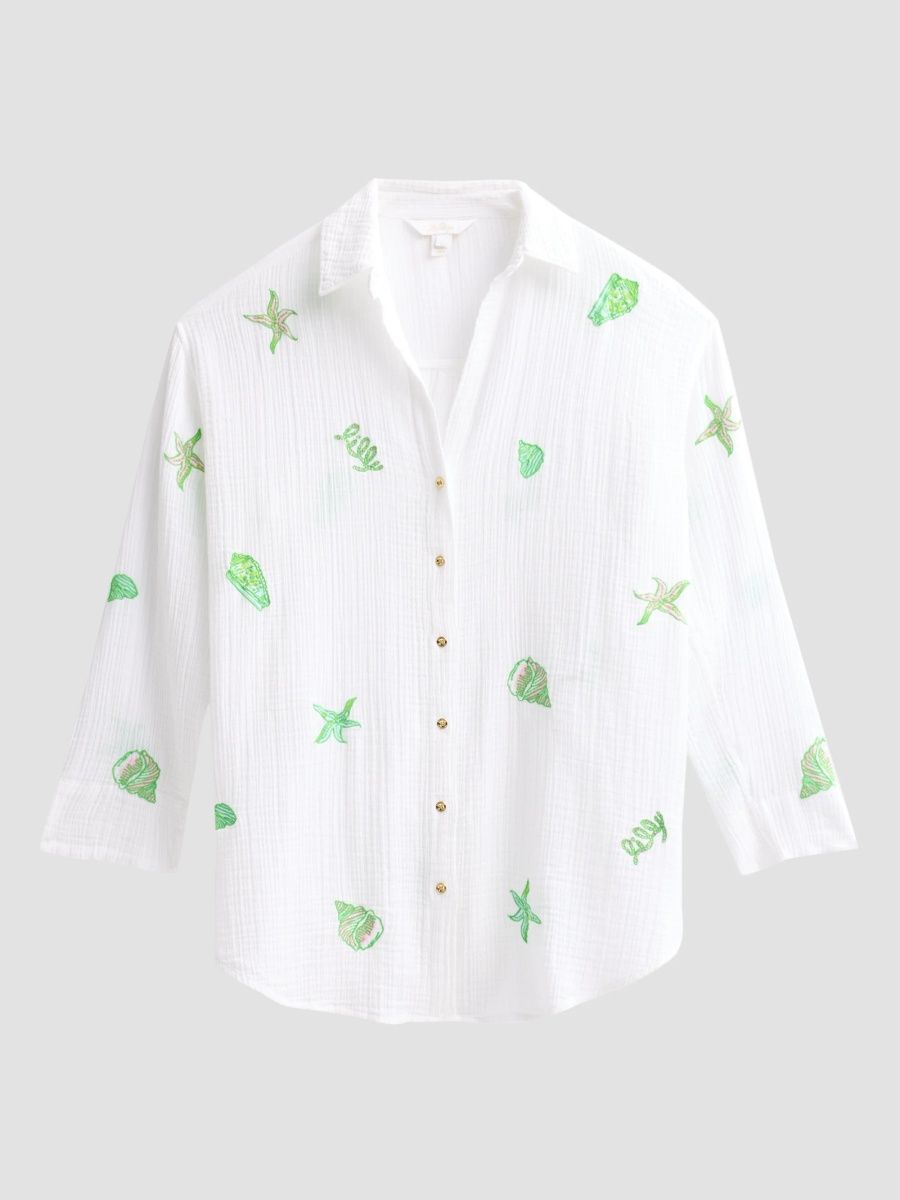 Lilly Pulitzer Women's Kwitney Shore Embroidery Cotton Cover-Up Shirt - Resort White - Size XL