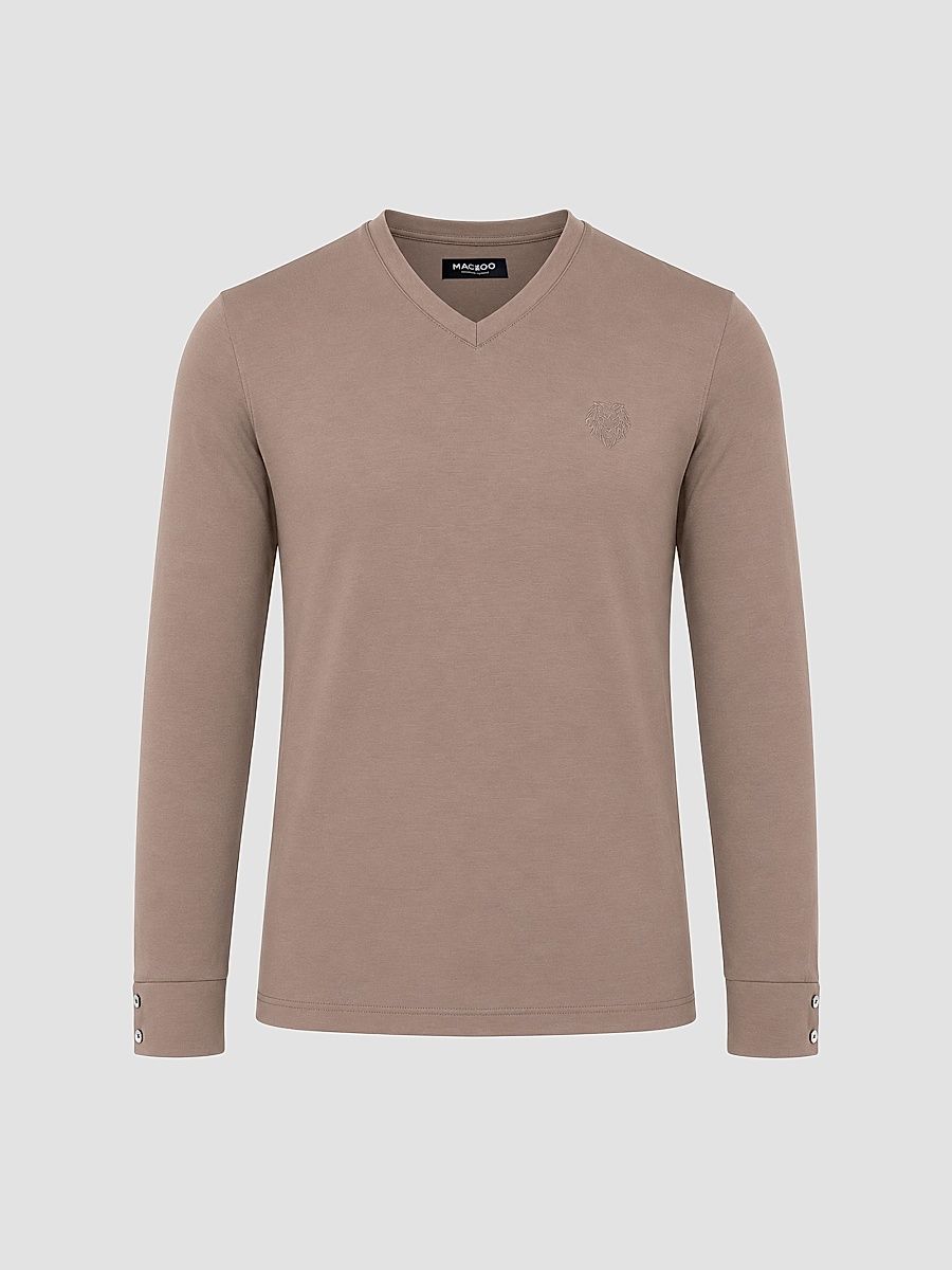 Men's V-Neck SS Long Sleeve T-Shirt - Brown - Size Small