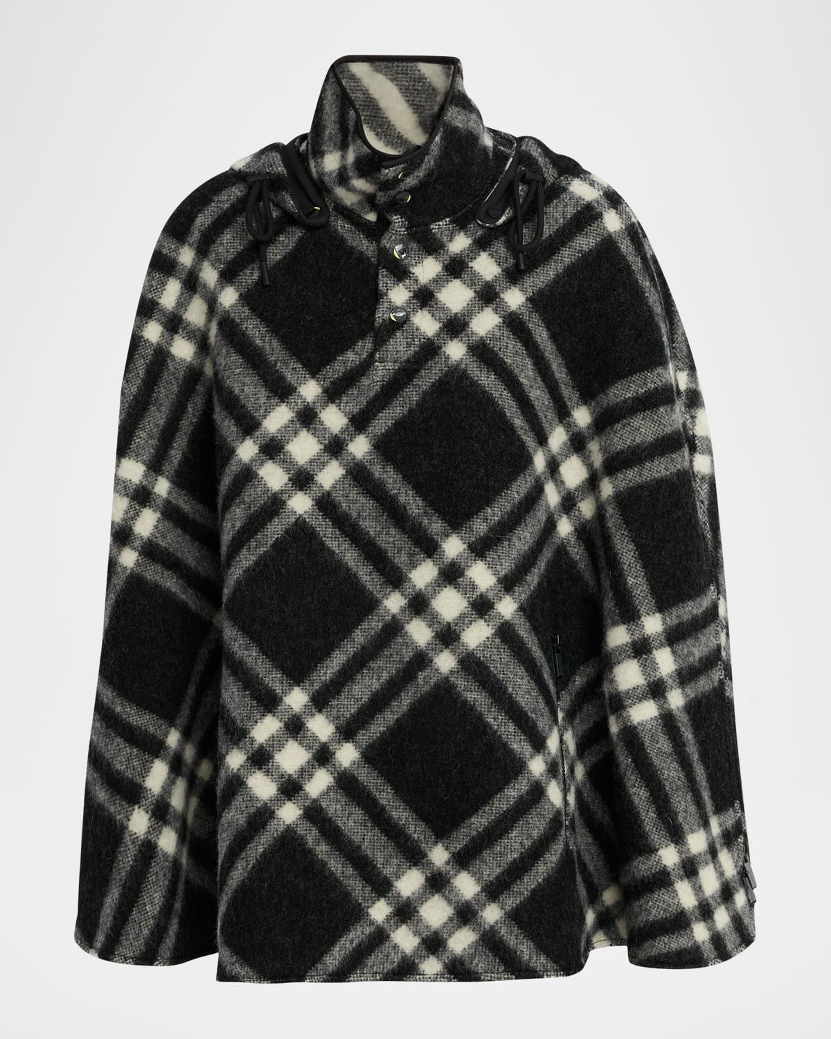 St. Neve Check Wool Poncho with Detachable Hood