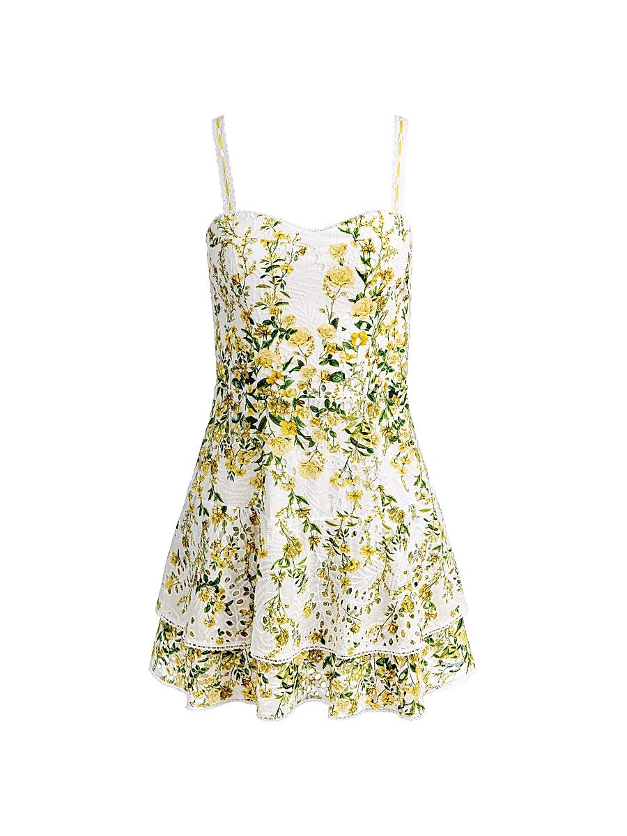Women's Meredith Floral Cotton Tiered Minidress - Fresh Air Butter - Size 0