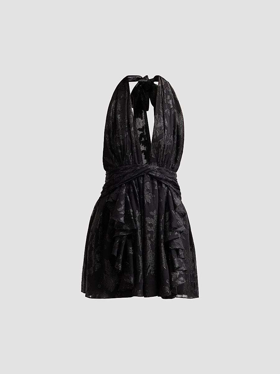 Women's Olivia Flocked Halterneck Mini Dress - Black Jacquard - Size 14