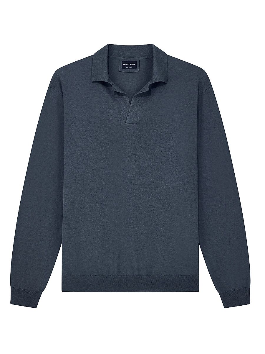 Men's Silk-Cotton Polo Sweater - Blue - Size 42
