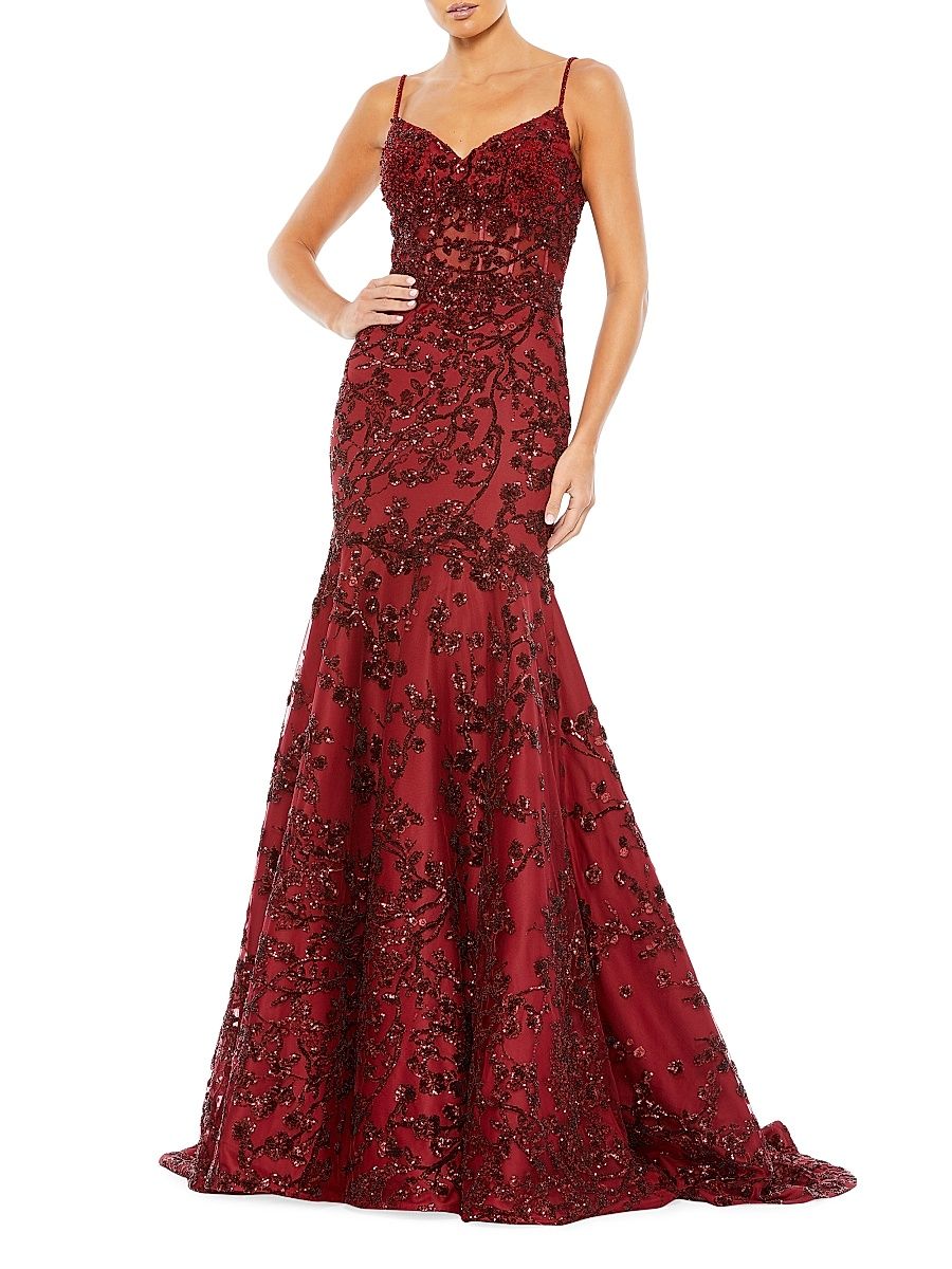 Women's Sequin Illusion Corset Trumpet Gown - Burgundy - Size 2