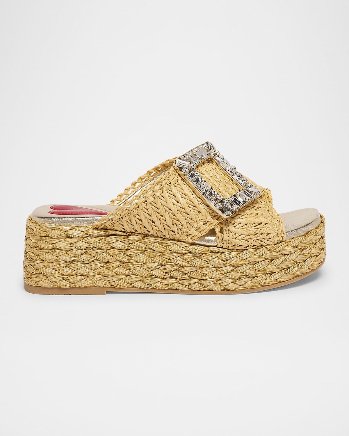 Strass-Buckle Raffia Platform Sandals