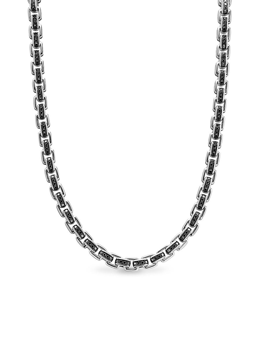 Men's Box Chain Necklace in Sterling Silver, 7.3MM - Black Diamond - Size 24