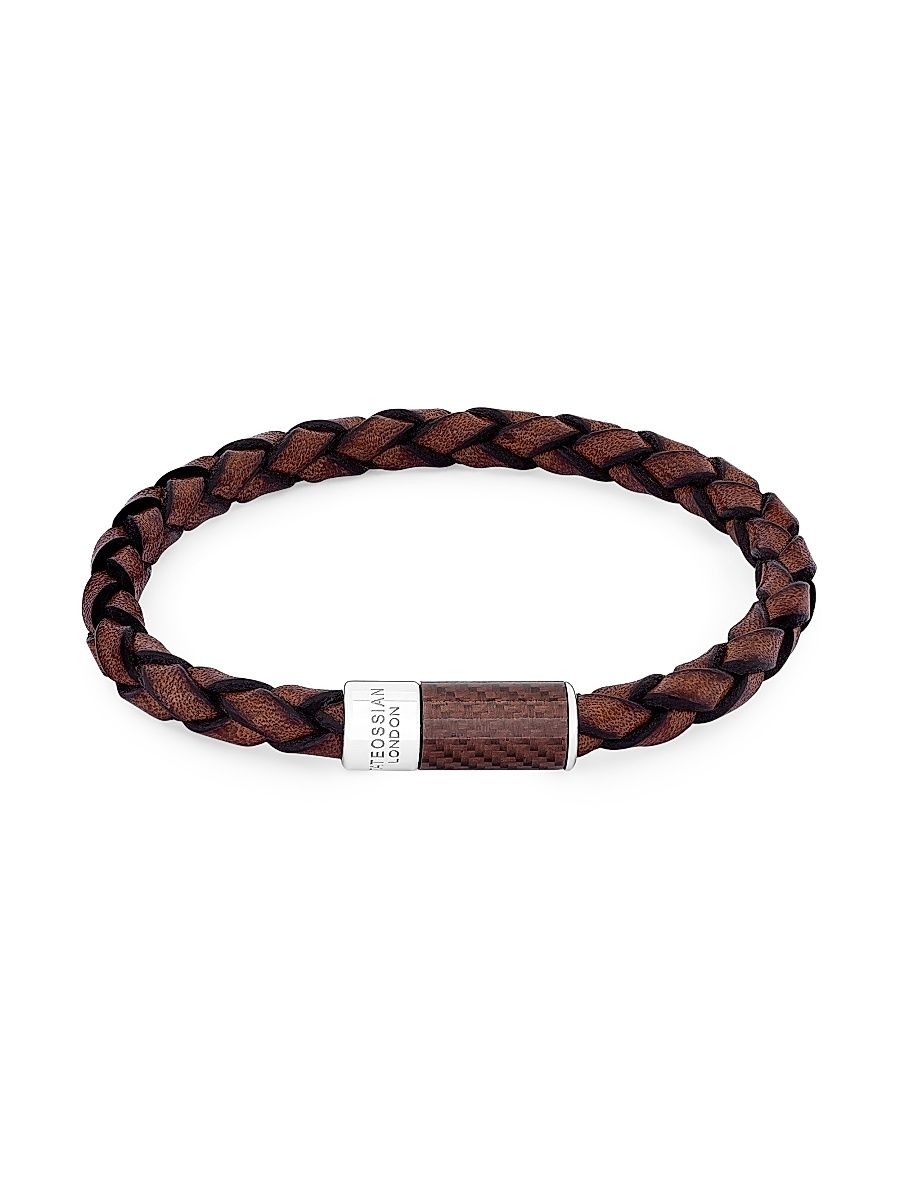 Men's Rhodium-Plated & Leather Braided Bracelet - Brown