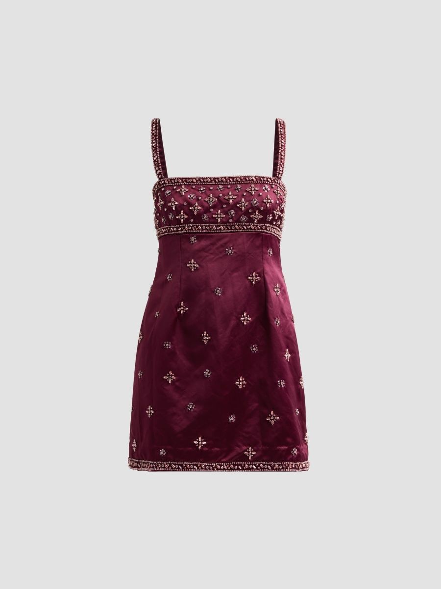 LoveShackFancy Women's Casslouie Beaded Satin Mini Dress - Faded Merlot - Size 12