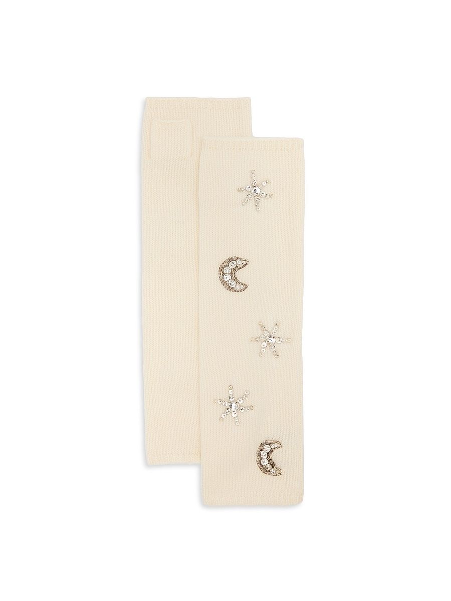 Women's Embroidered Cashmere Fingerless Gloves - Ivory