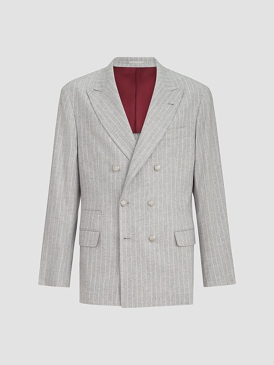 Men's Virgin Wool and Cashmere Chalk Stripe Flannel One and A Half Breasted Deconstructed Blazer - Light Grey - Size 46