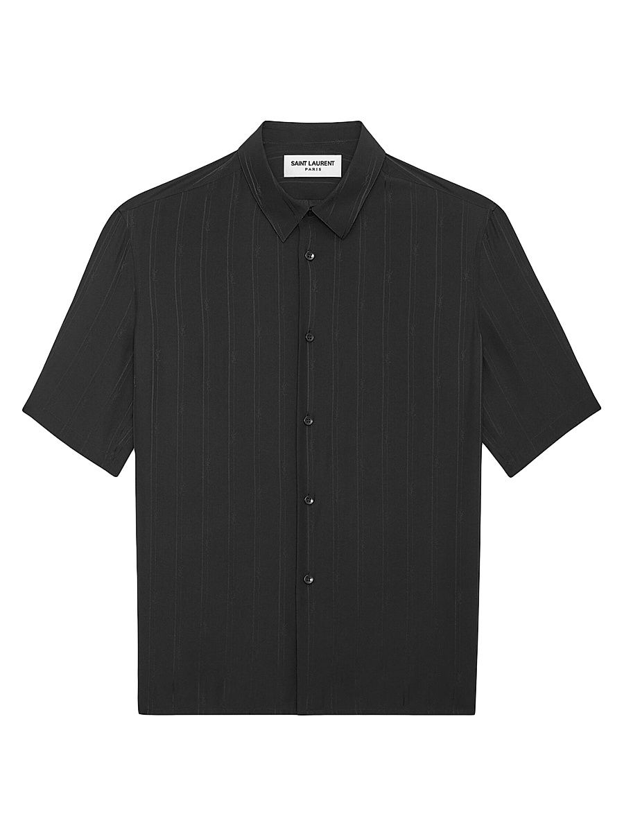 Saint Laurent Men's Shirt in Matte and Shiny Cassandre Striped Silk - Black - Size 14