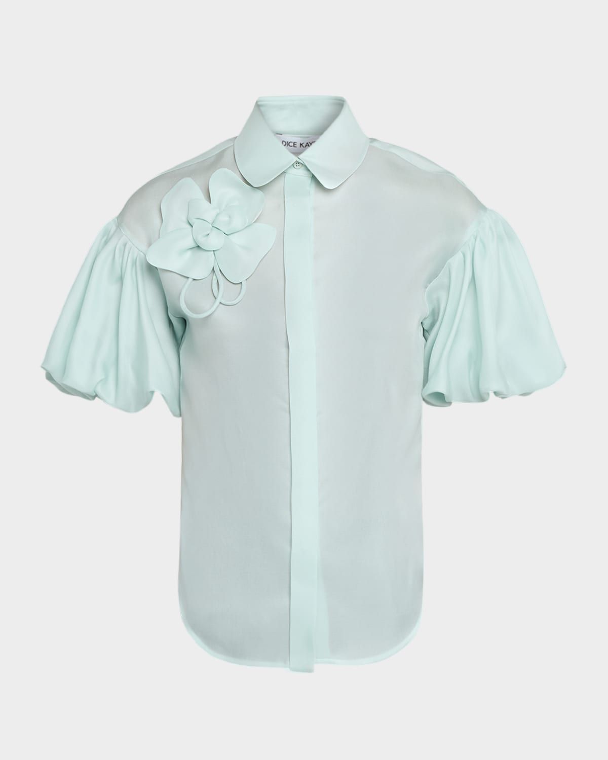Flower Applique Silk Puff-Sleeve Shirt