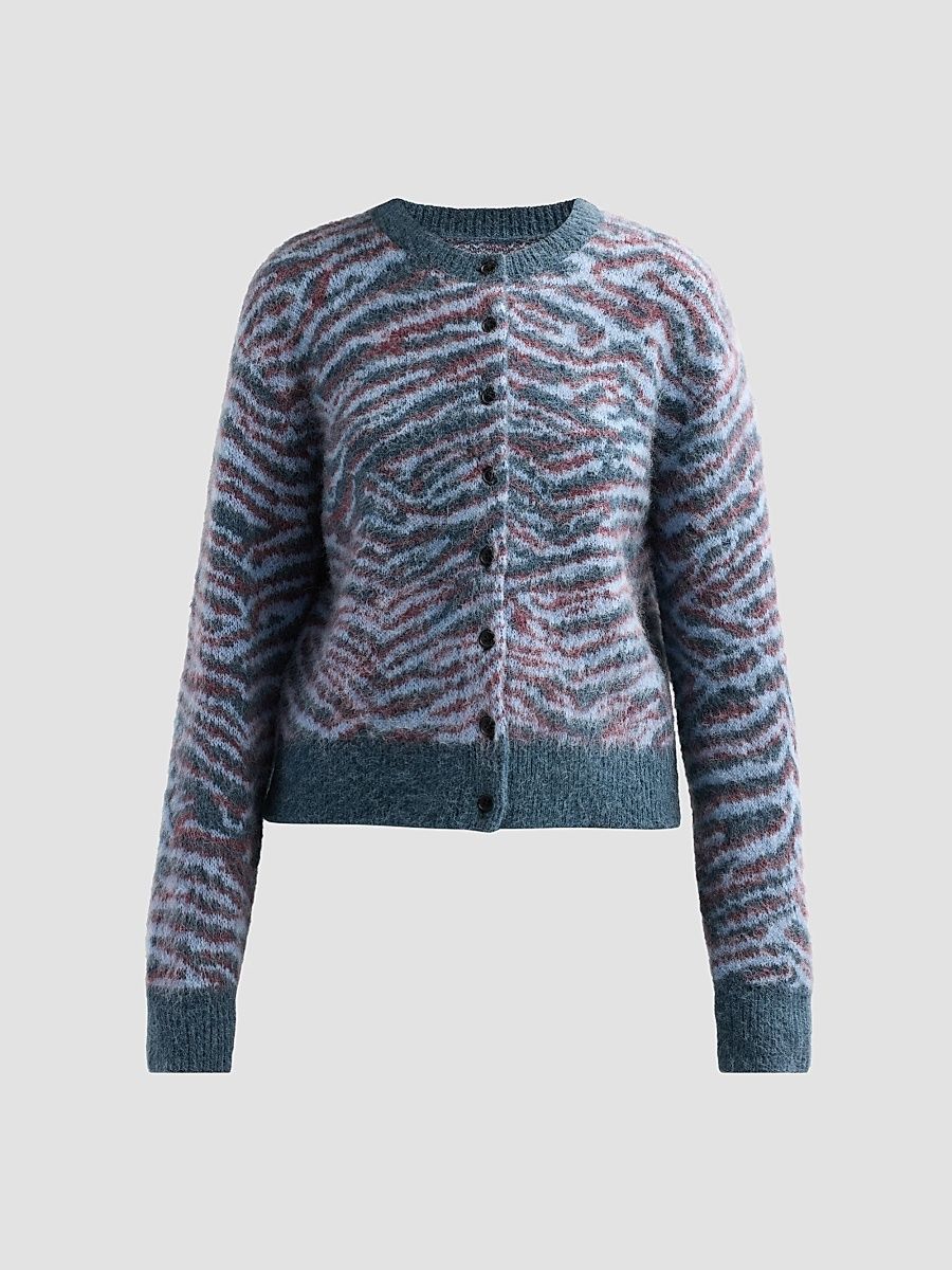 Women's Tiger Wool-Blend Crewneck Cardigan - Petrol Multi - Size Large