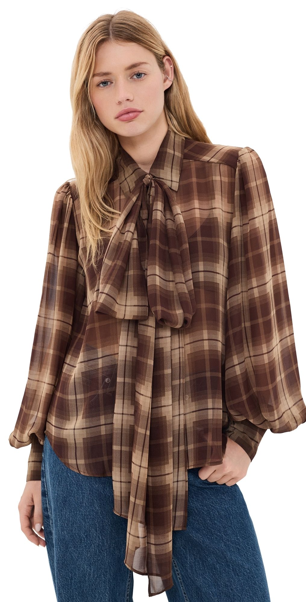 BARDOT Cecile Scarf Button Down Shirt Brown Check 12