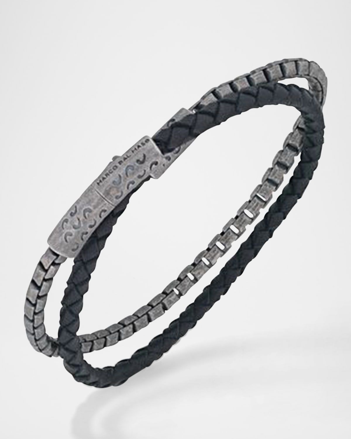 Men & apos;s Double Mix Black Woven Leather and Oxidized Silver Chain Bracelet