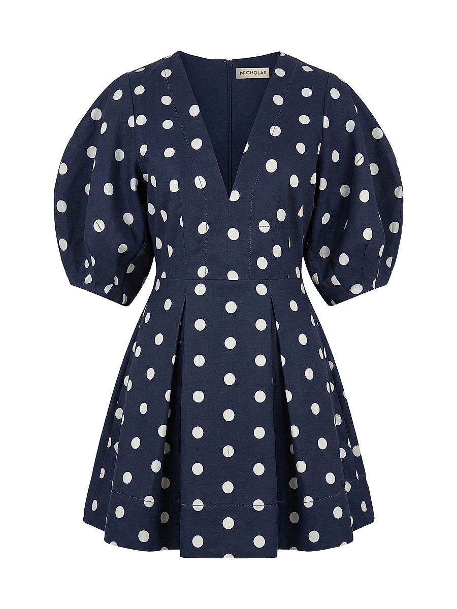 Women's Josefa Linen-Blend A-Line Minidress - Navy Polka Dot - Size 12