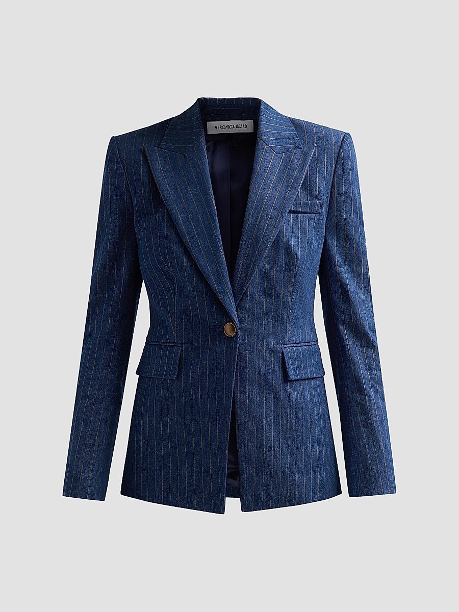 Women's Naira Striped Cotton-Blend Single-Breasted Dickey Jacket - Medium Indigo Copper - Size 16