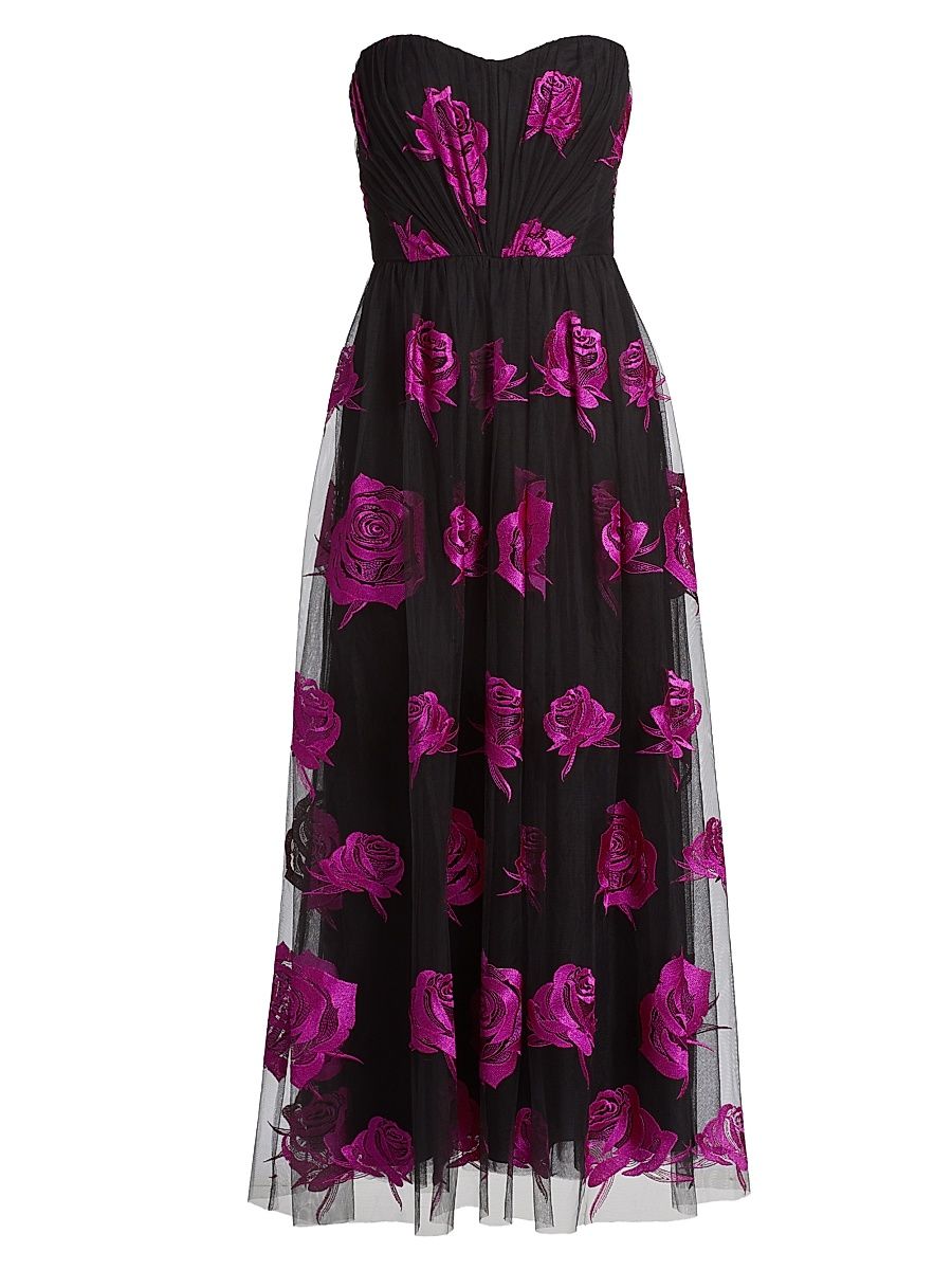 Women's Perle Floral Tulle Strapless Maxi Dress - French Fuchsia Black - Size 12
