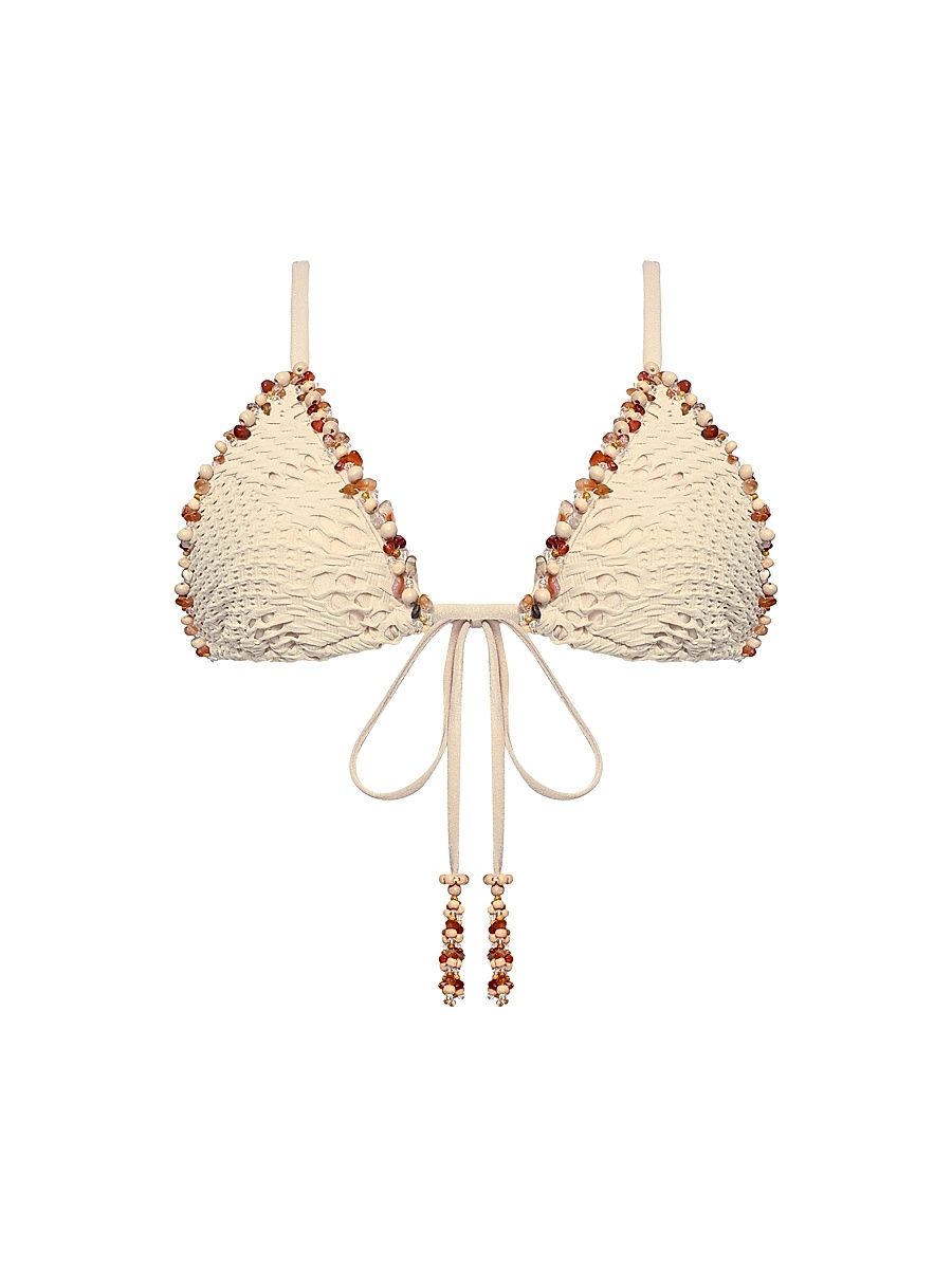 Women's Beaded Mesh Triangle Bikini Top - Beige - Size Small