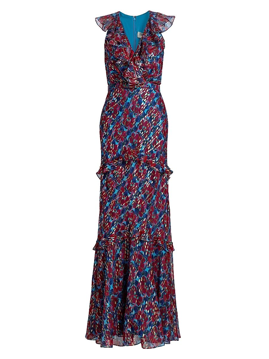 Women's Rita Floral Ruffled Silk Maxi Dress - Quail Sky - Size 14