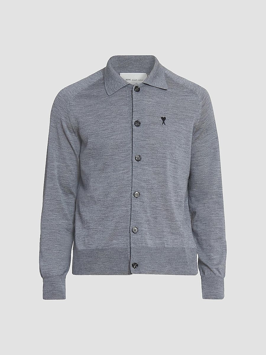 AMI Paris Men's Collared Wool Cardigan - Gris Chine Noir - Size XXL
