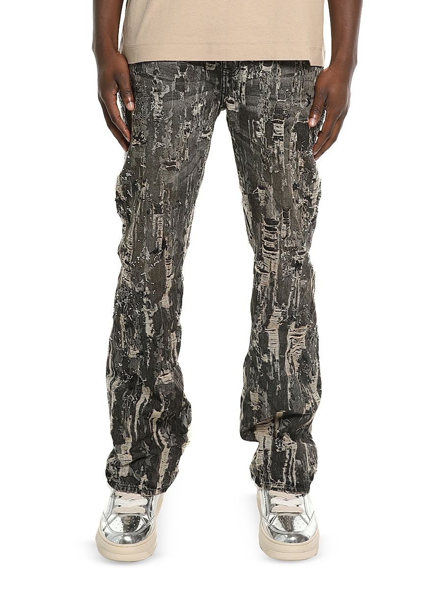 Men's Destroy Embellished Splatter Mid-Rise Straight-Leg Jeans - Black - Size 40
