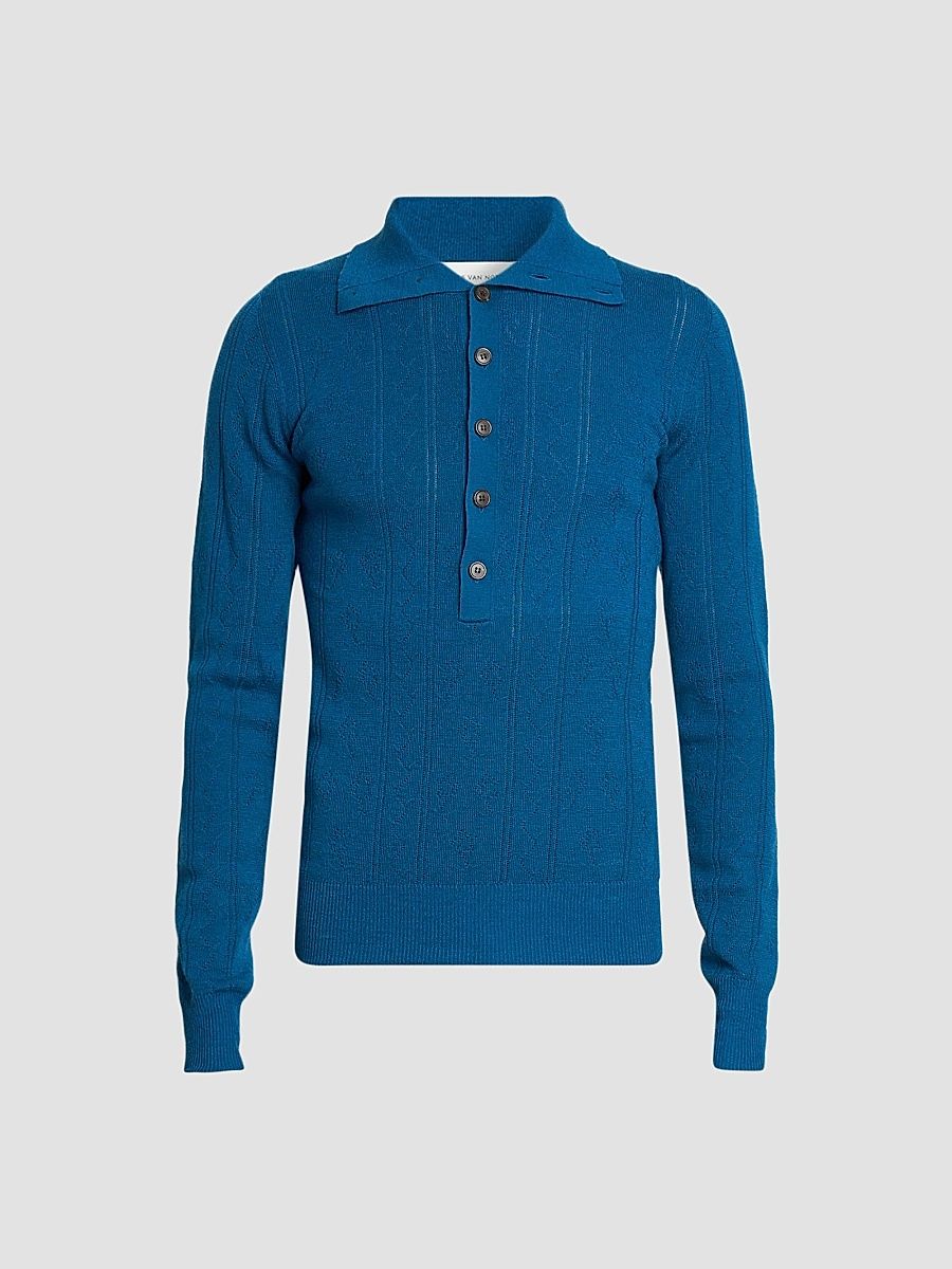 Men's Slim-Fit Wool-Cotton Polo Sweater - Petrol - Size Small