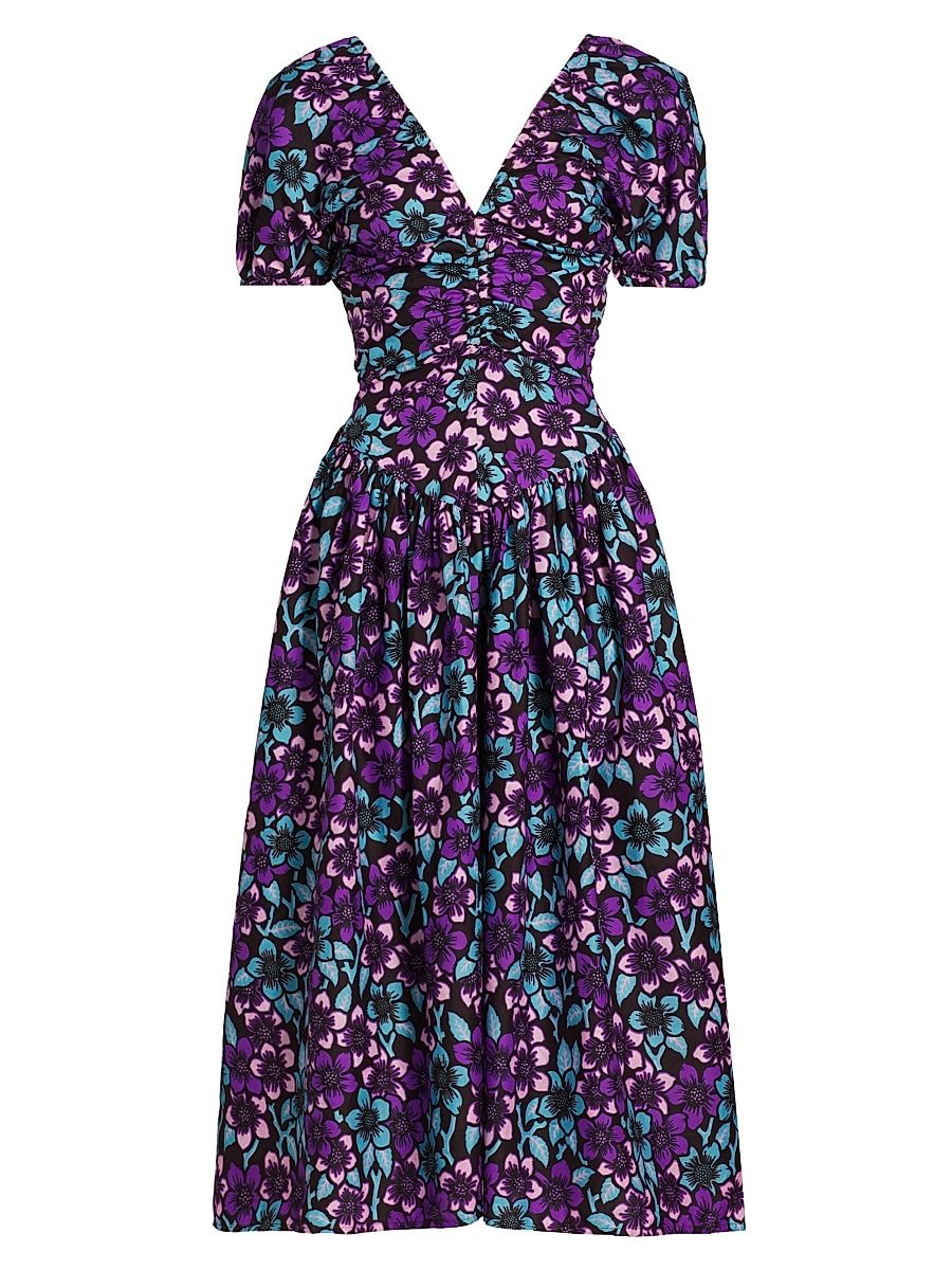 Women's Bori Floral Puff-Sleeve Midi-Dress - Purple - Size Large