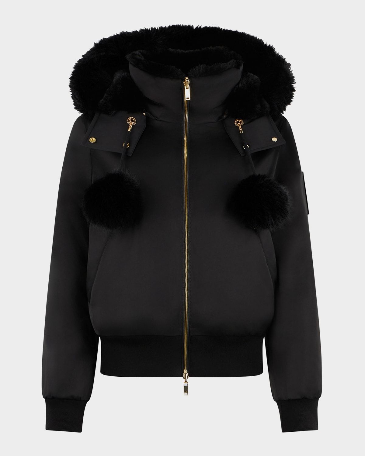 Debbie Satin Bomber Jacket with Removable Hood & Pom Poms