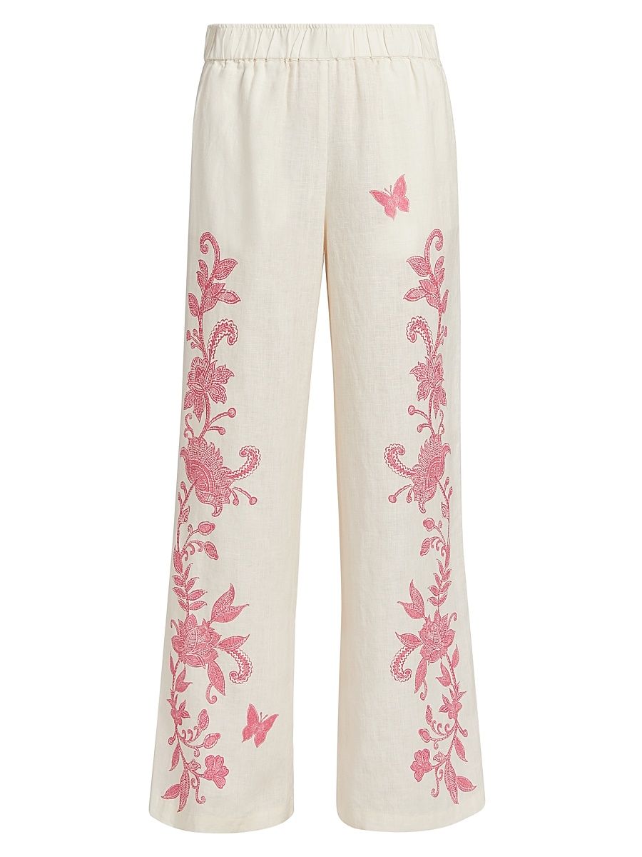 Women's Printed Linen Pants - Alycia Ecru - Size XXL