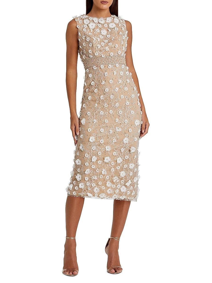 Women's Floral-Appliqué Sleeveless Cocktail Dress - Ivory Beige - Size 4
