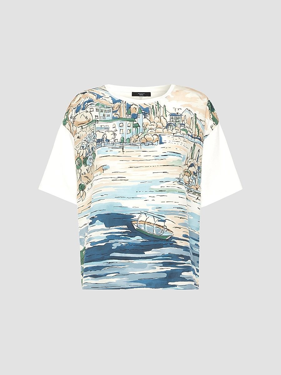 Women's Jersey and Printed Silk T-Shirt - Light Blue - Size Small