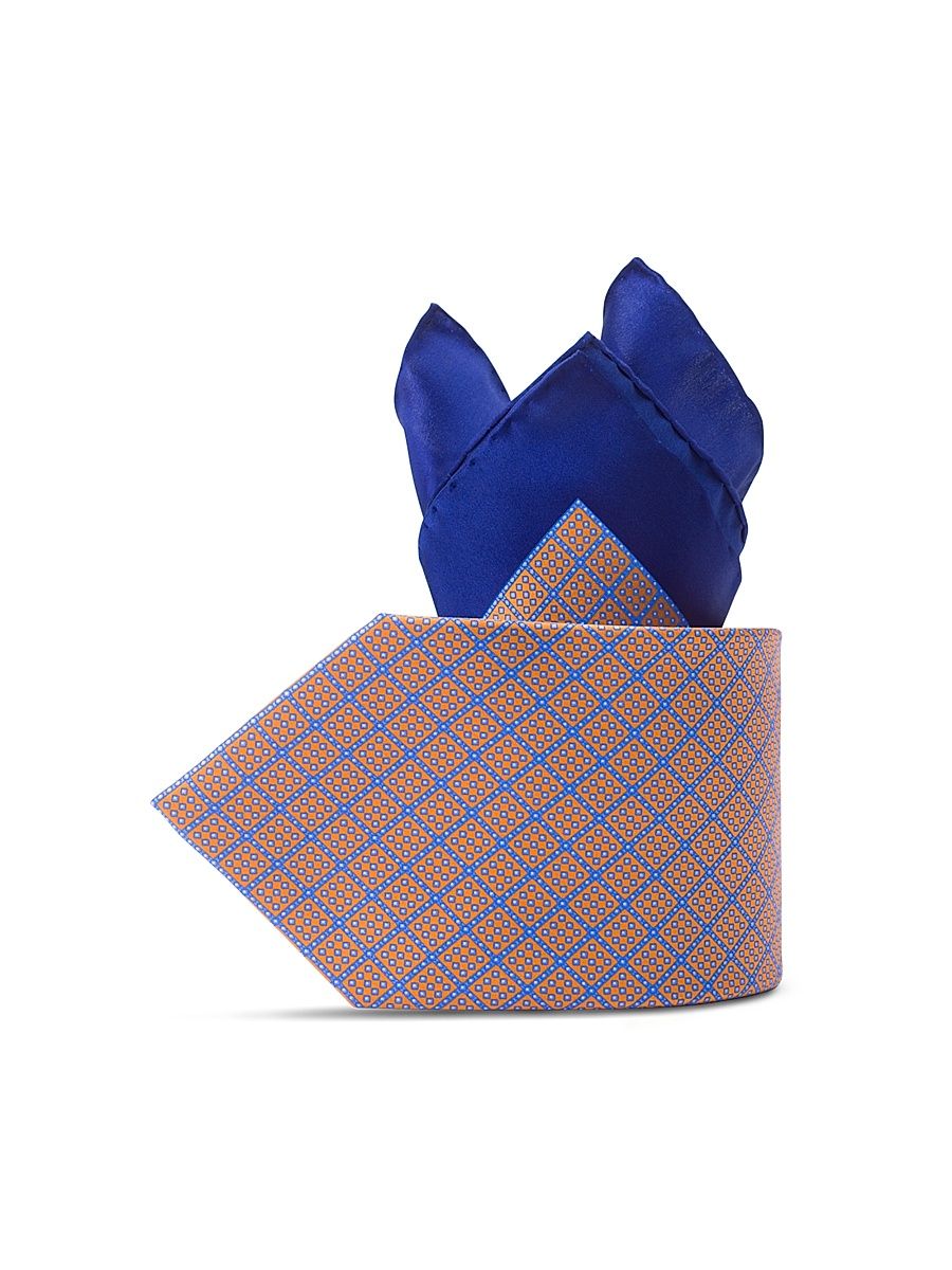 Men's Luxury Silk Tie Set - Orange And Blue