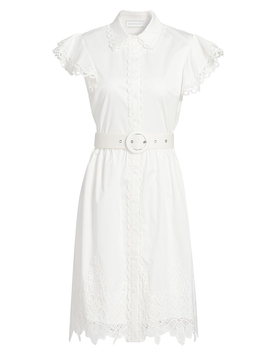 Women's The Sloane Belted Lace-Trimmed Cotton Shirtdress - Sky White - Size 16