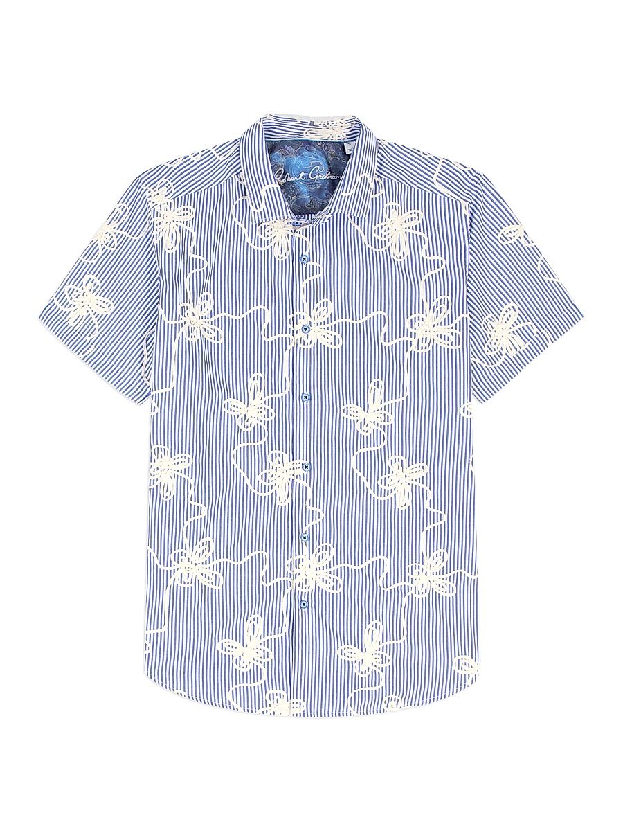 Men's Primrose Striped Floral Cotton Shirt - Blue - Size XXL