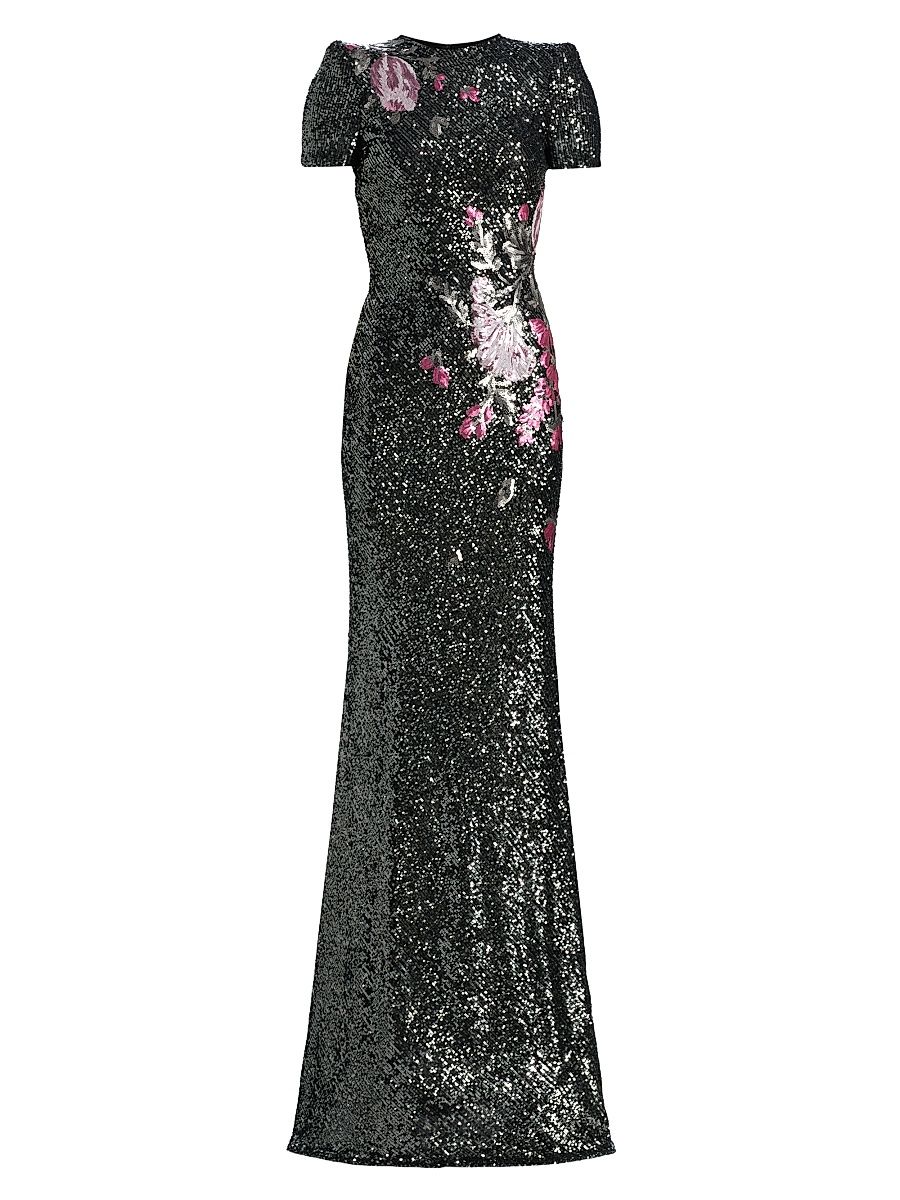 Women's Floral-Sequined Mermaid Gown - Gunmetal Multi - Size 4