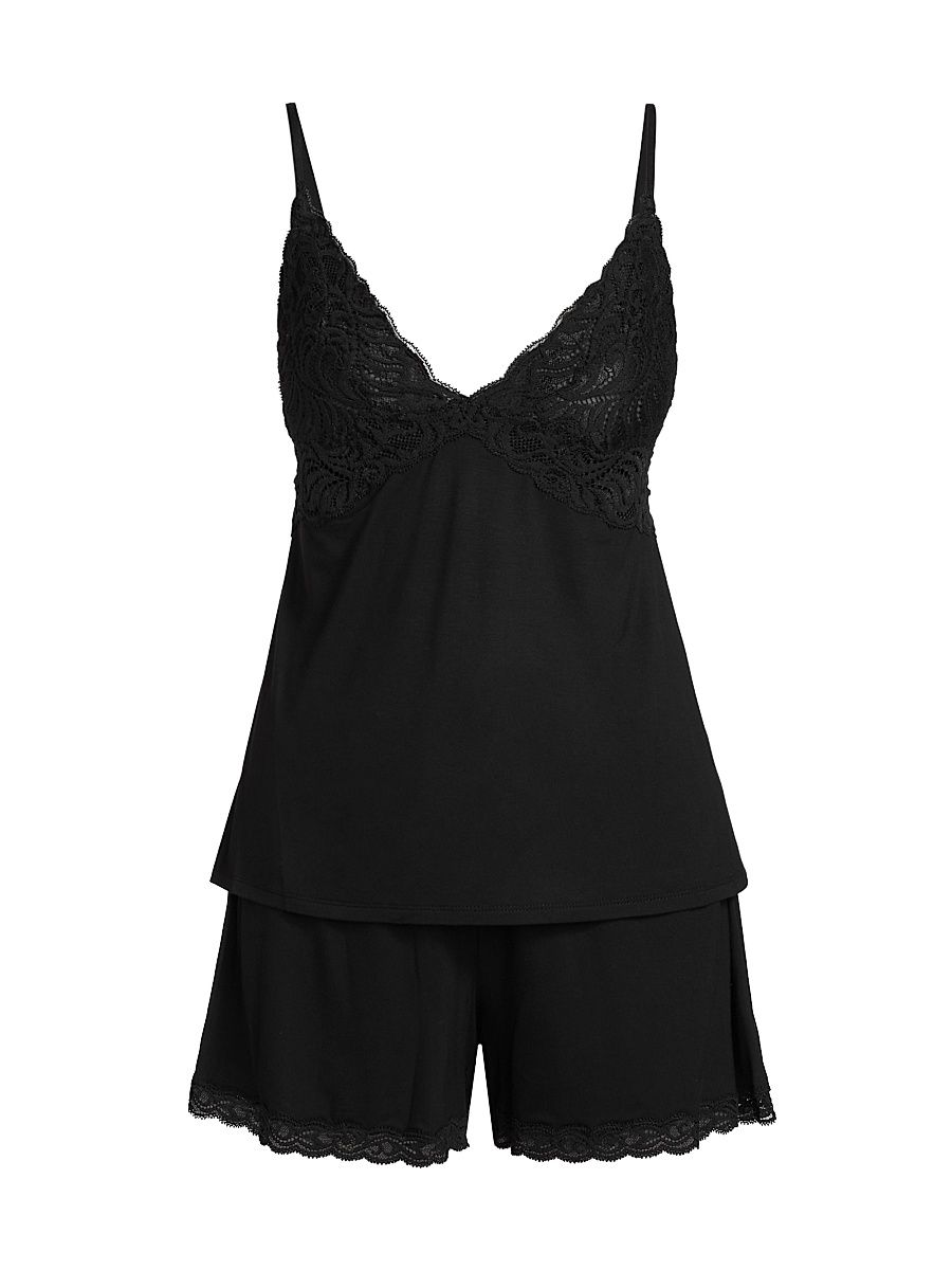 Women's Feathers 2-Piece Lace-Trimmed Pajama Set - Black - Size XL