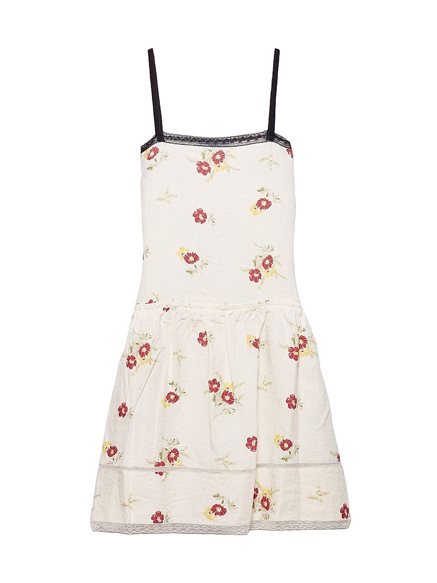 Women's Embroidered Linen Mini-Dress with Floral Motif - Red - Size 14