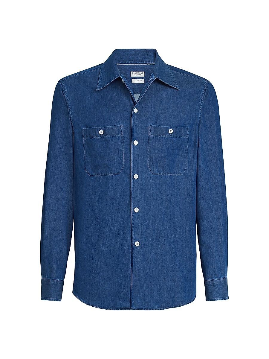 Men's Lightweight Denim Easy Fit Shirt with Chest Pockets - Dark Denim - Size Medium