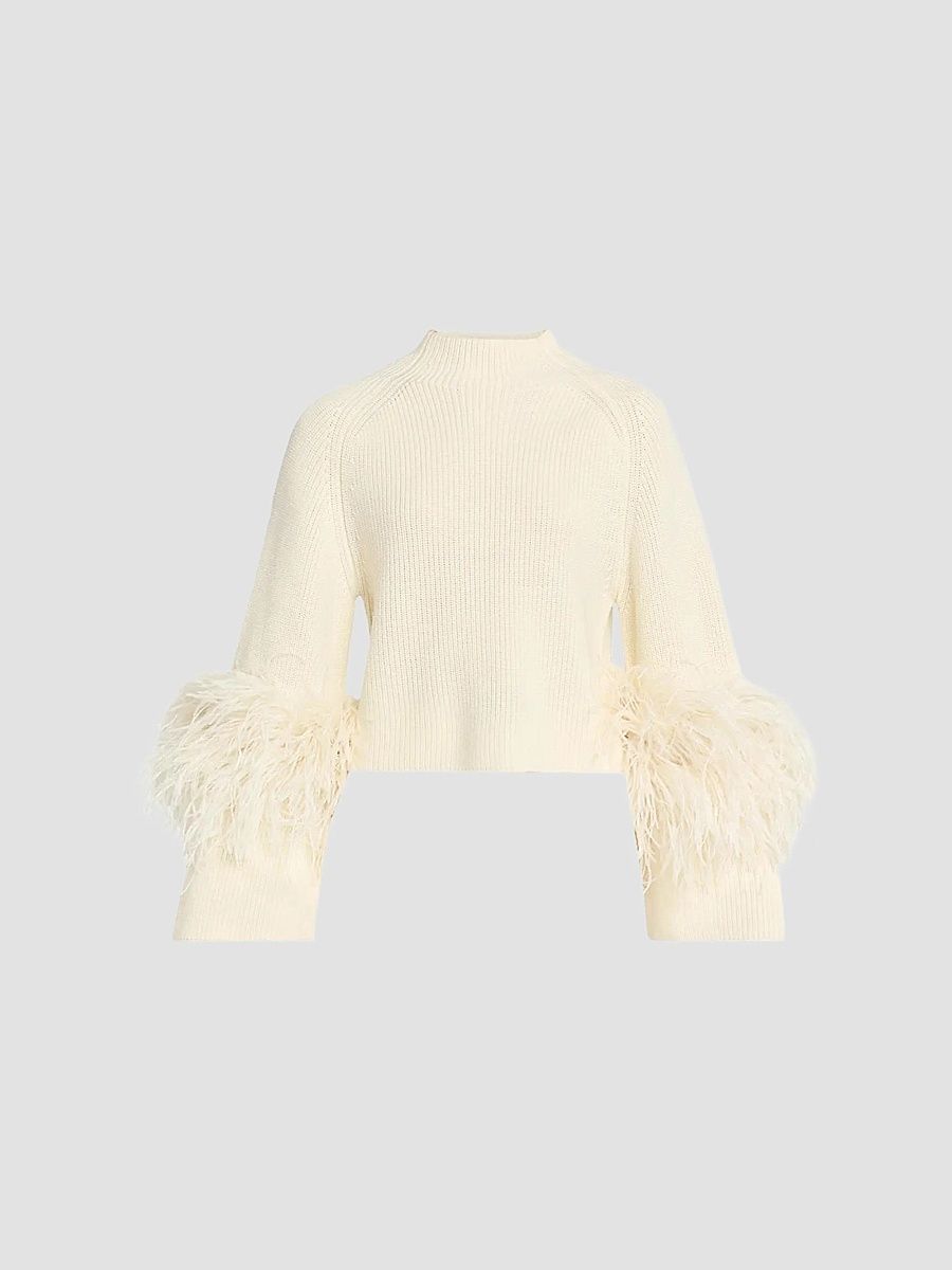 LaPointe Women's Merino Wool Feathers-Trim Sweater - Cream - Size XS
