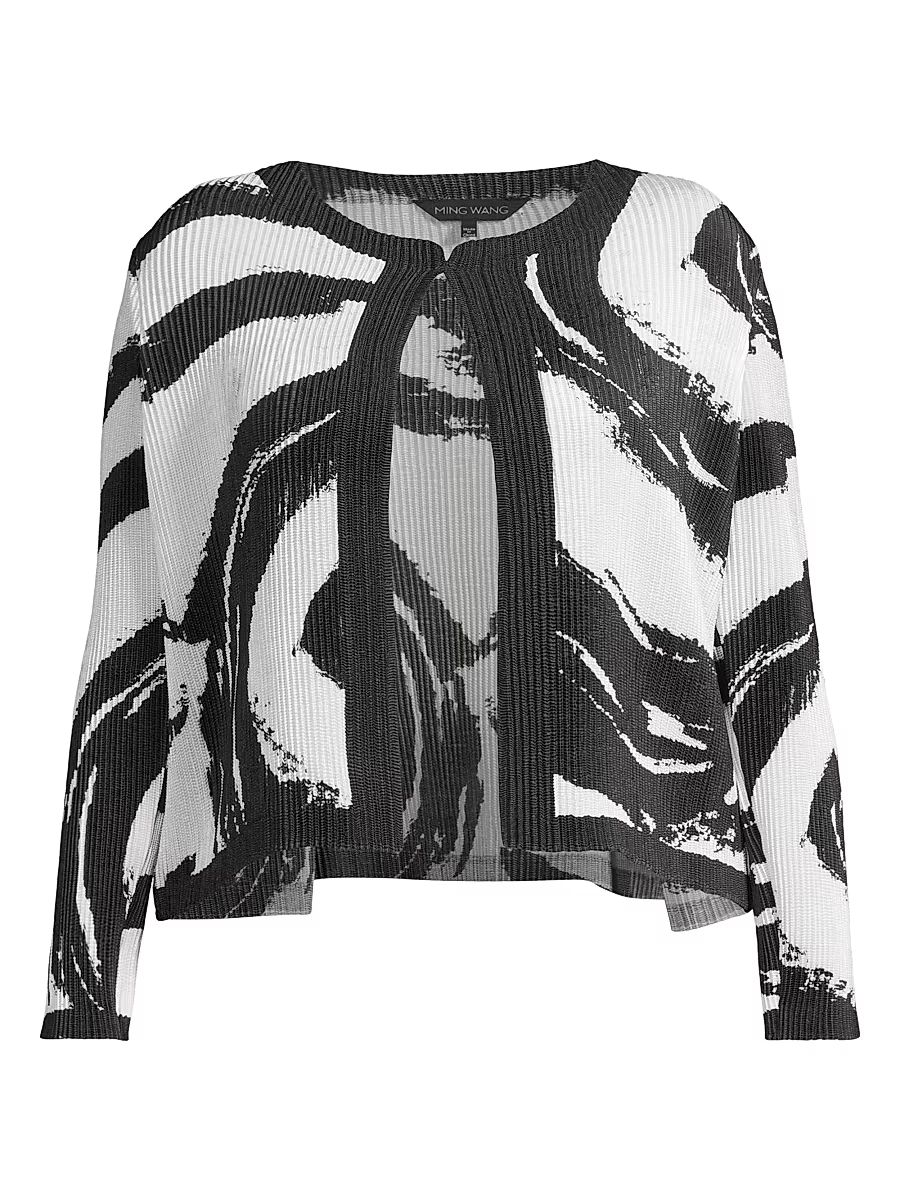 Women's Plush Abstract Brushstroke Fine Pleat Jacket - Black White - Size 24