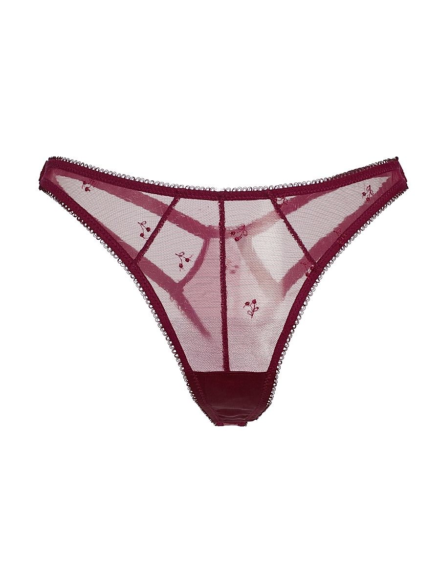 Women's Cerise Embroidered Mesh Thong - Ruby - Size Large