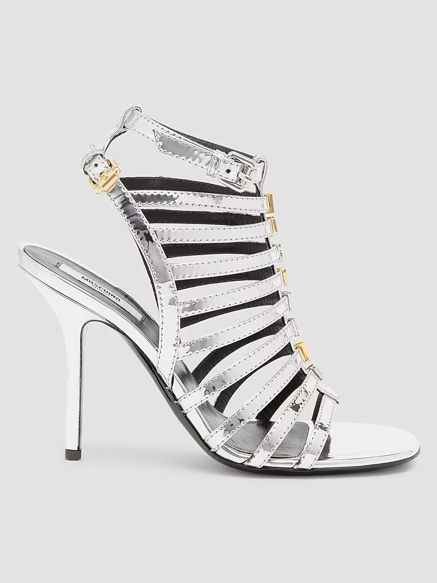Women's 100MM Logo Lettering Stiletto Sandals - Silver - Size 10