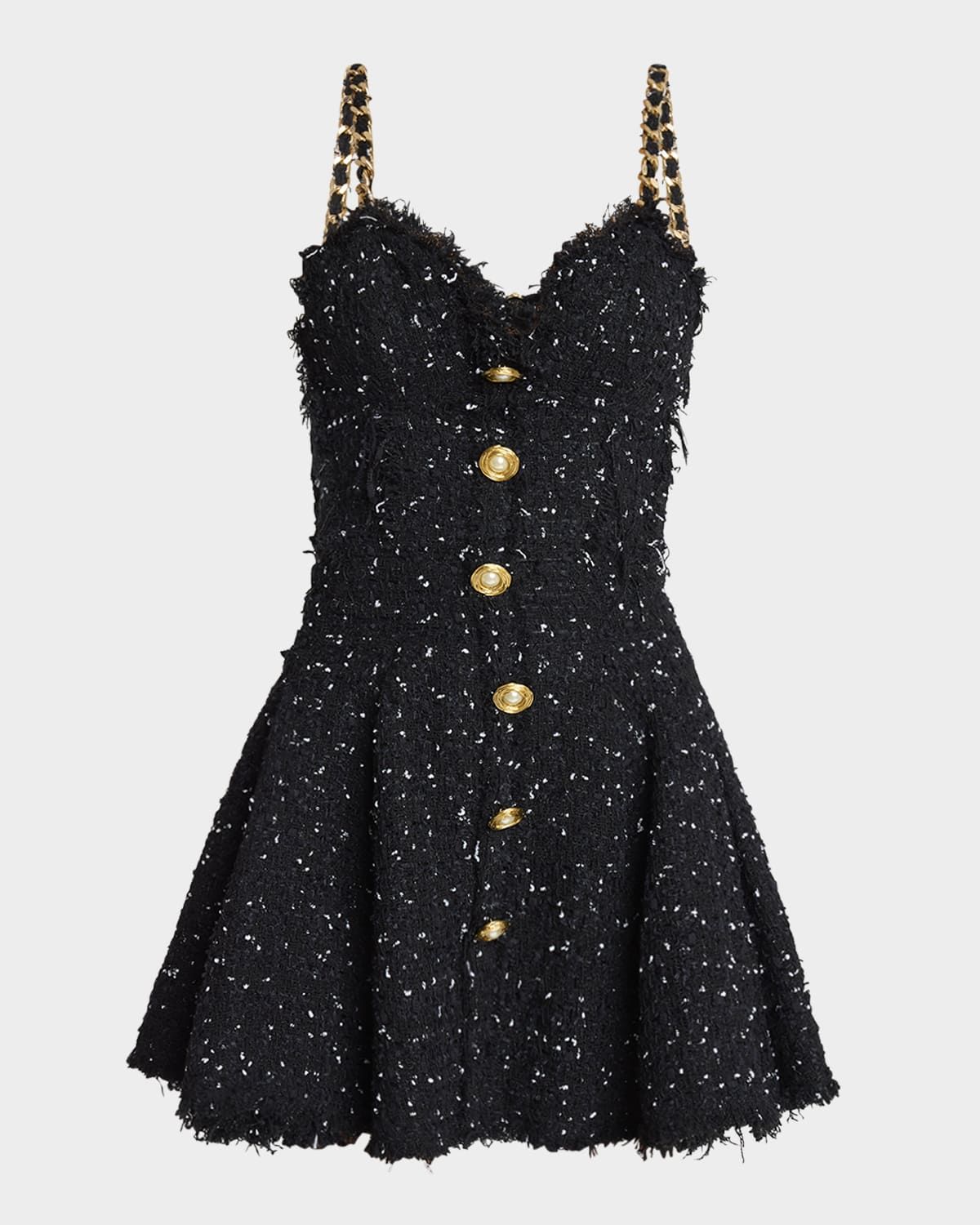 Chain-Straps Polka Dot Tweed Mini Dress