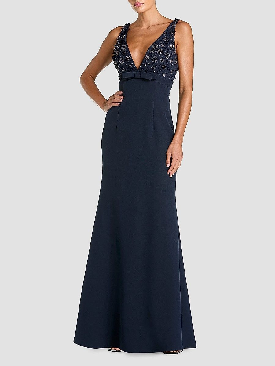 Mac Duggal Women's Crêpe Floral Beaded Bow A-Line Gown - Midnight - Size 4