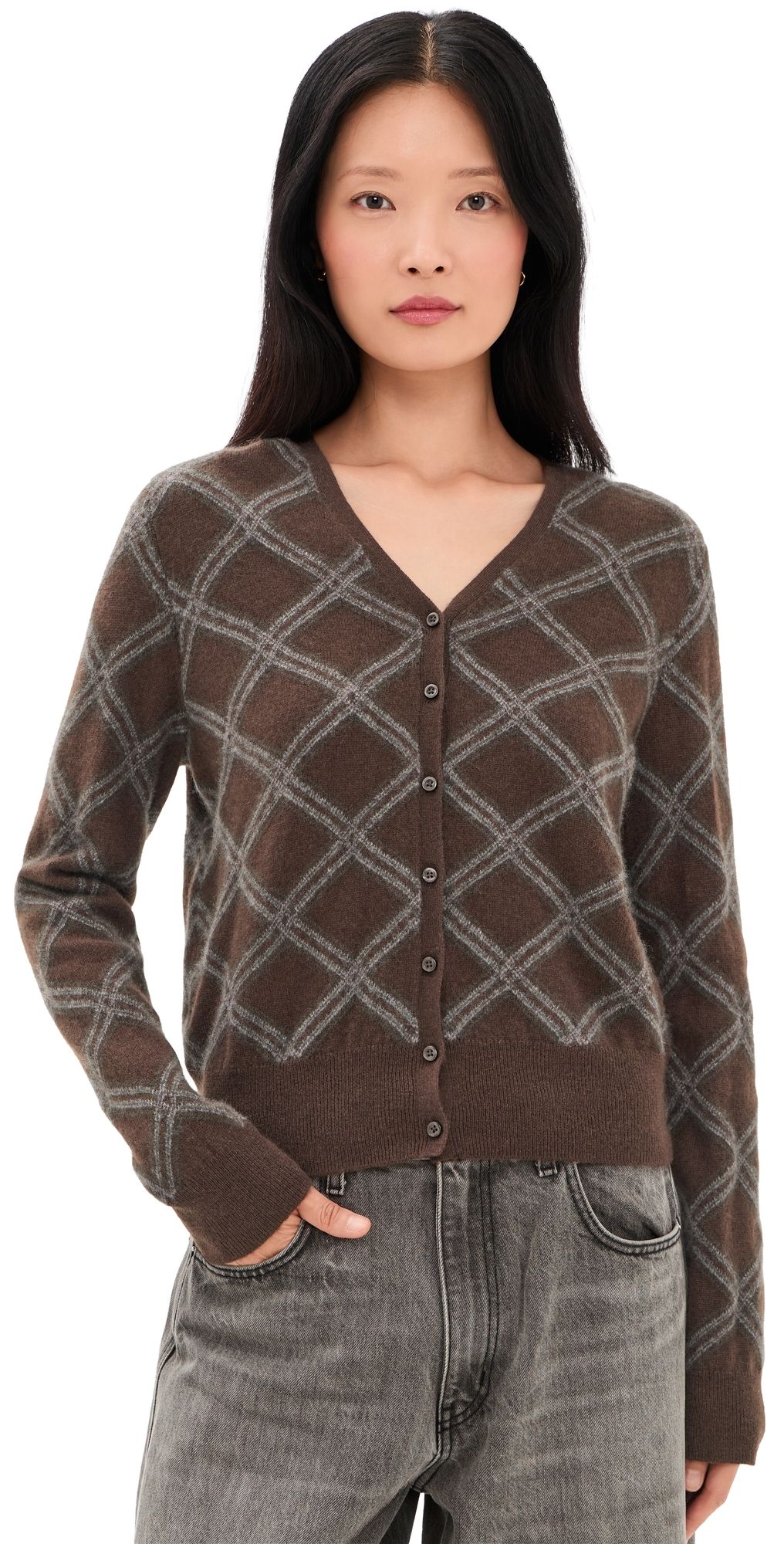 Vince Diamond Plaid V-Neck Cardigan Pinewood Combo L