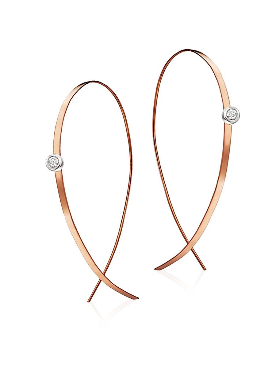 Upside Down Small Diamond & 14K Rose Gold Flat Hoop Earrings/1" - Rose Gold