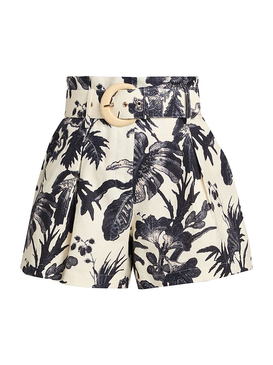 Women's Palmer Leaf-Print Linen Shorts - Fauna Floral Navy - Size 14