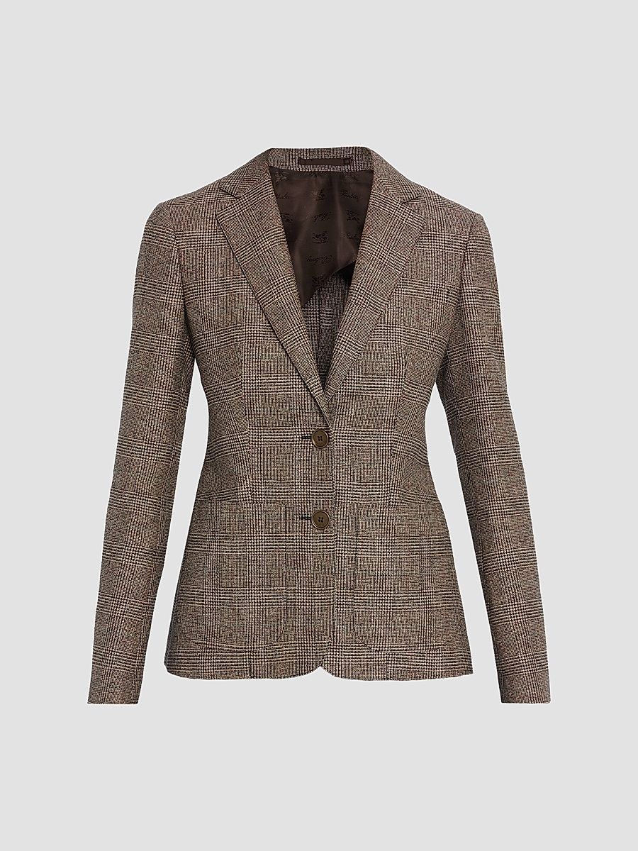 Women's Sabella Check Wool-Linen Tailored Jacket - Soap Beige Brown Check - Size 0