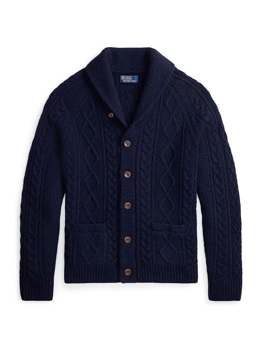 Men's Suede Elbow-Patch Wool-Blend Cable-Knit Cardigan - Hunter Navy - Size Small
