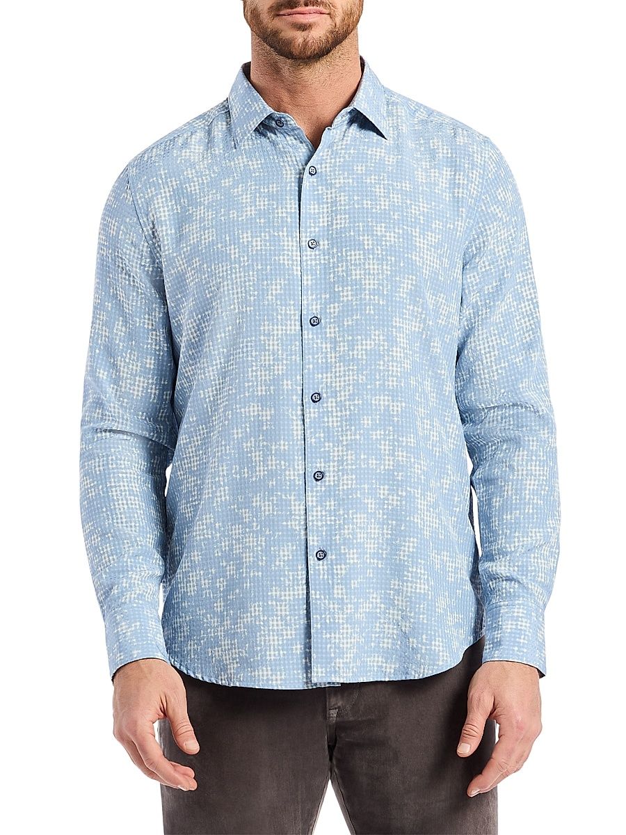 Men's Angola Micro-Plaid Button-Front Shirt - Light Blue - Size XL